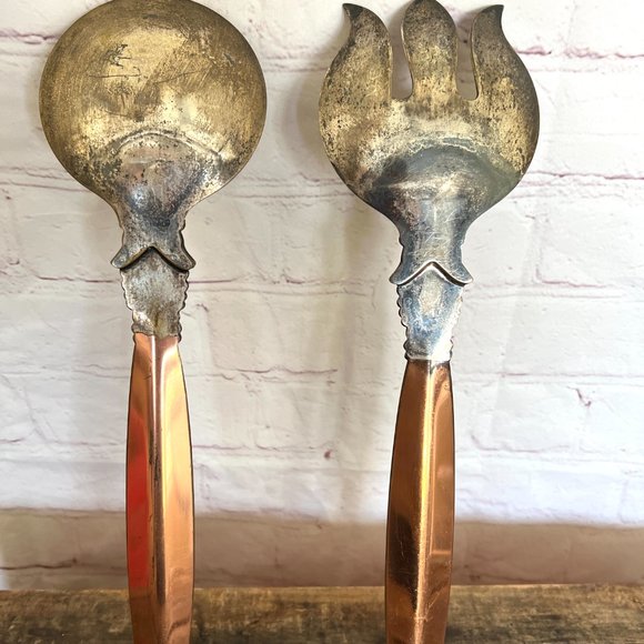 Large Gothic Copper & Silver Salad Servers - 1970 - Picture 6 of 7